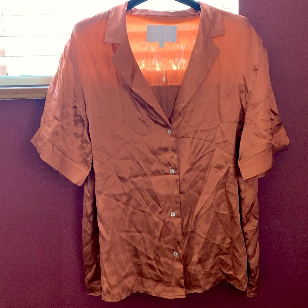 Asceno never worn bamboo satin orange button down top